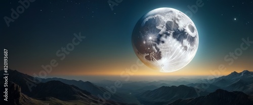 A dramatic scene with a giant moon rising over a rugged mountain range under a starry night sky.