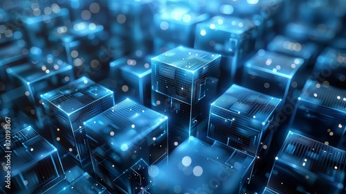 Futuristic glowing blue cube network - A vibrant 3D illustration showing interconnected glowing blue cubes, symbolizing futuristic network or data structure