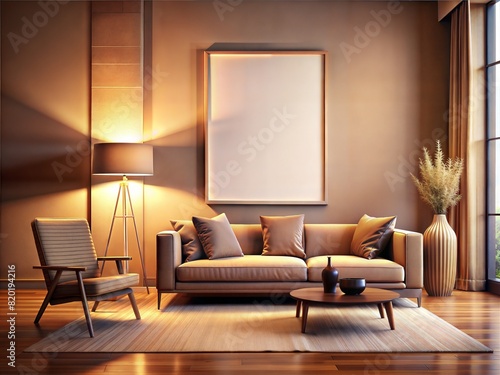 A living room with a couch, chair, and a vase