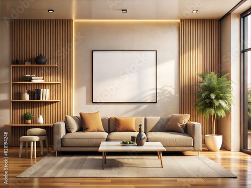 A living room with a white wall and a large empty frame