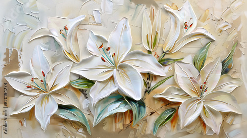 A painting of three white lilies on a gold background © mila103