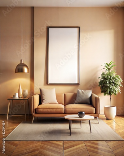 A living room with a couch, coffee table, and potted plant