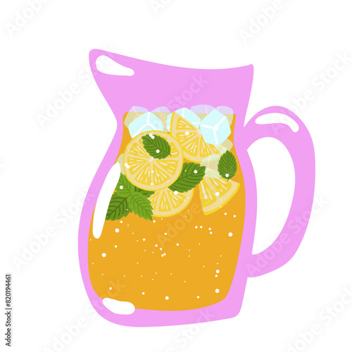 Hand drawn jug of fresh home made lemonade with lemon slice and mint.