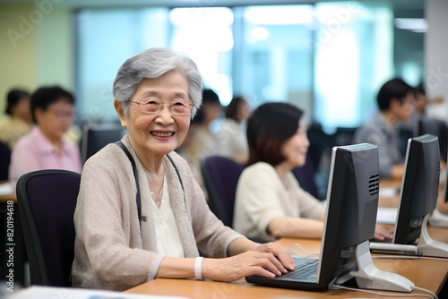 Curious mature woman engaged in IT training during computer courses for adults