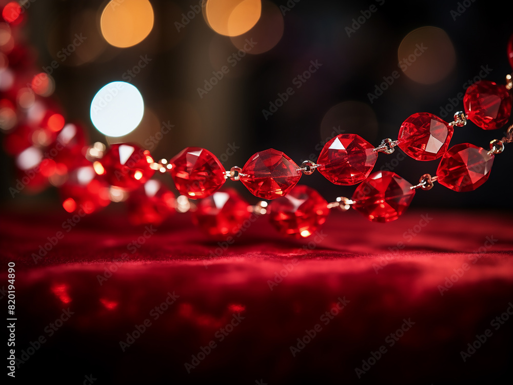 Bokeh effect adorns dark backdrop behind blurred red garland Bokeh effect adorns dark backdrop behind blurred red garland