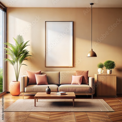 A living room with a couch, coffee table, and potted plants