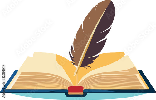 An opened book with a feather vector illustration