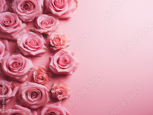 Flat lay banner featuring roses on pink