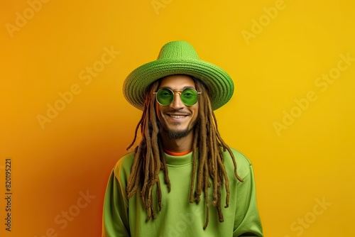 Mexican charming man in green hat and shirt and glasses on yellow background © Elena