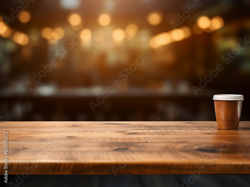 Empty wooden table with bokeh coffee shop background