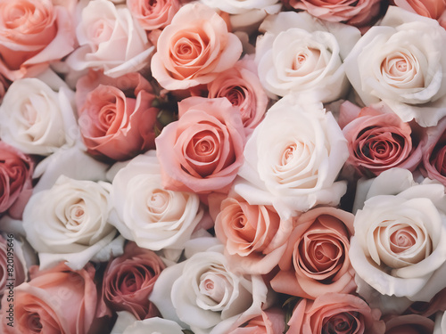 Soft hues of roses  enhanced by a retro filter  compose the background