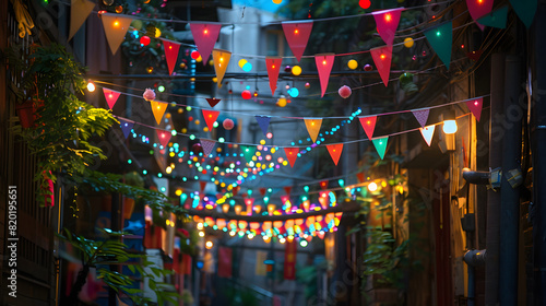A festive alley decorated with string lights and small flags for a local festival.