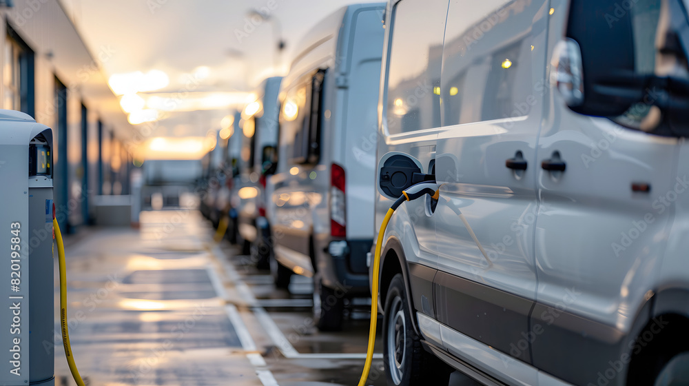 Obraz premium A fleet of electric delivery vans charging at a station.