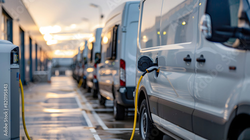 A fleet of electric delivery vans charging at a station. photo