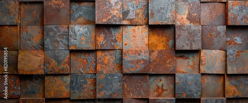 Close-up of rusty metal tiles showcasing a weathered texture, creating an industrial and vintage aesthetic with rich, warm tones..