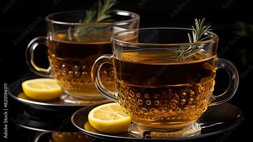 Mulled wine and spices cup with pine branch on black background for product promotion