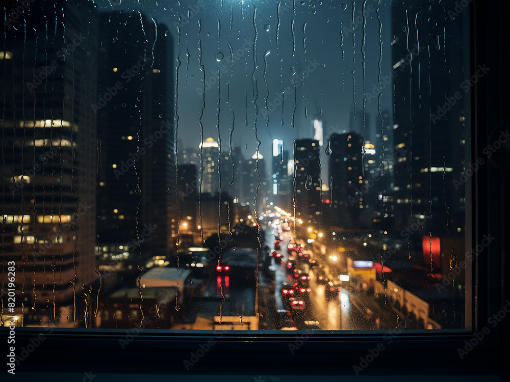 Fototapeta premium City lights shimmer through a rain-soaked window