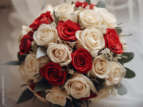 A bouquet of red and cream roses adorns a light floor