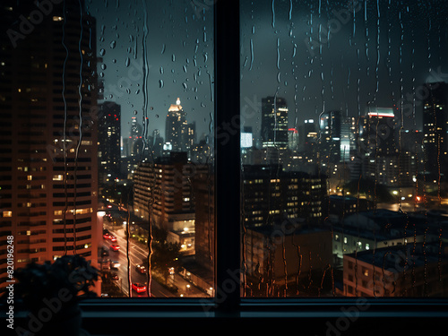 Moistened glass reflects the night cityscape