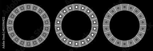 Set of Radial Geometric White Patterns for Decorative Round Frames on Black Background. 