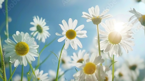 Camomile on blue sky background  white summer flowers