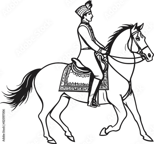 Indian groom horse riding line draw vector illustration