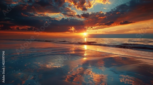 Tranquil beach sunset with reflective water - An awe-inspiring photo capturing the calm sunset on the beach with the sun s reflection on the wet sand and water  and a dramatic sky