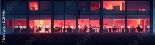 The modern office comes to life as businesspeople stroll through its corridors against the backdrop of a setting sun.