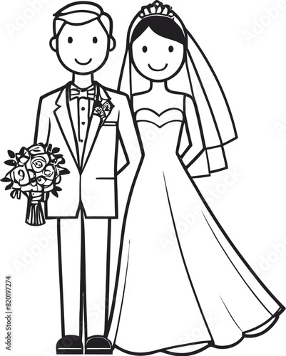Romantic wedding couple one line art love vector illustration