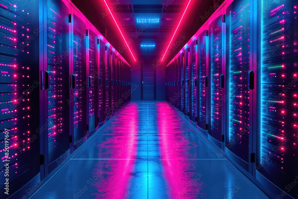Data center aisle with blue illuminated server racks