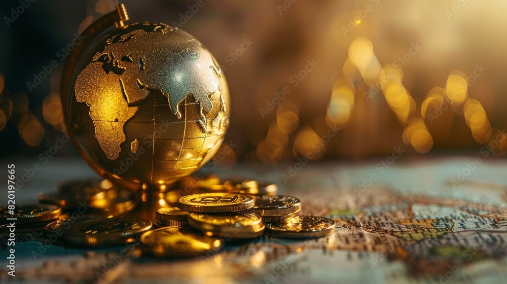 A golden earth globe near gold coins, with a blurred world map backdrop, illustrating planet on sale, sci-fi tone, vivid A golden earth globe near gold coins, with a blurred world map backdrop, illustrating planet on sale, sci-fi tone, vivid