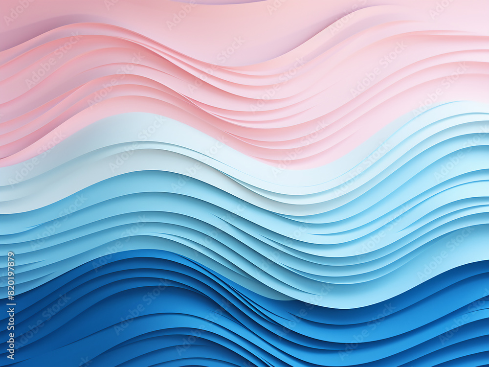 Atop a pink backdrop, artful blue waves crafted from paper dance in pastel hues Atop a pink backdrop, artful blue waves crafted from paper dance in pastel hues