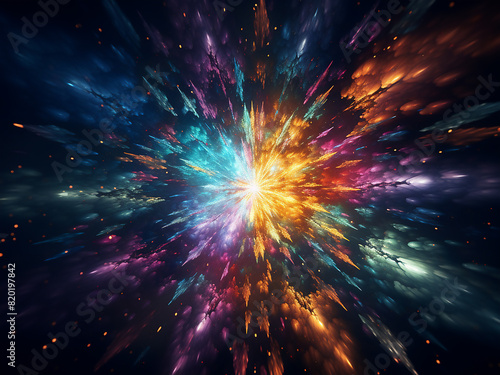 Colorful fractal explosion forms a star with radiant particles