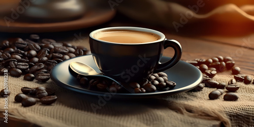 Cozy Coffee Moment. A warm and inviting scene of a freshly brewed cup of coffee  set on a rustic wooden table surrounded by rich  aromatic coffee beans