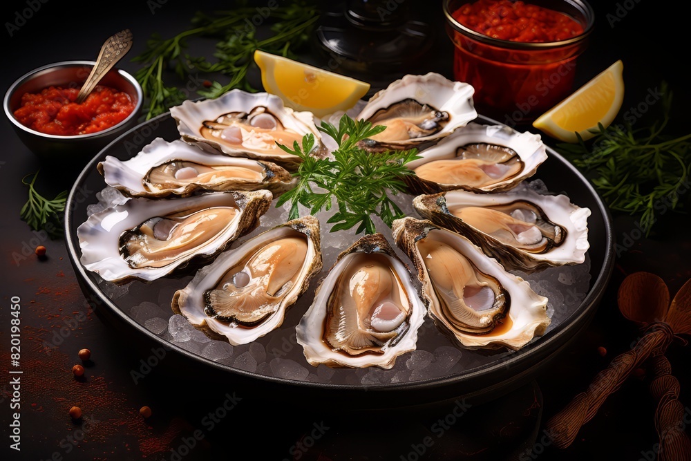A platter of freshly shucked oysters resting on a bed of ice, accompanied by lemon wedges and various sauces, displayed beautifully on a table A platter of freshly shucked oysters resting on a bed of ice, accompanied by lemon wedges and various sauces, displayed beautifully on a table