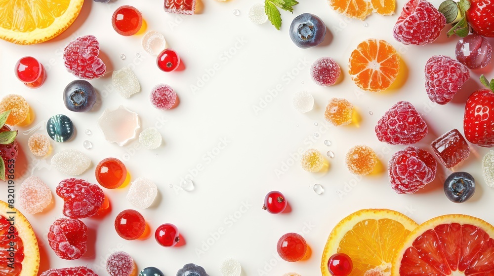 Candy berries and fruits on a white background. View from above Candy berries and fruits on a white background. View from above