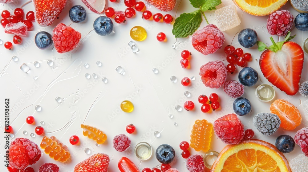 Candy berries and fruits on a white background. View from above Candy berries and fruits on a white background. View from above