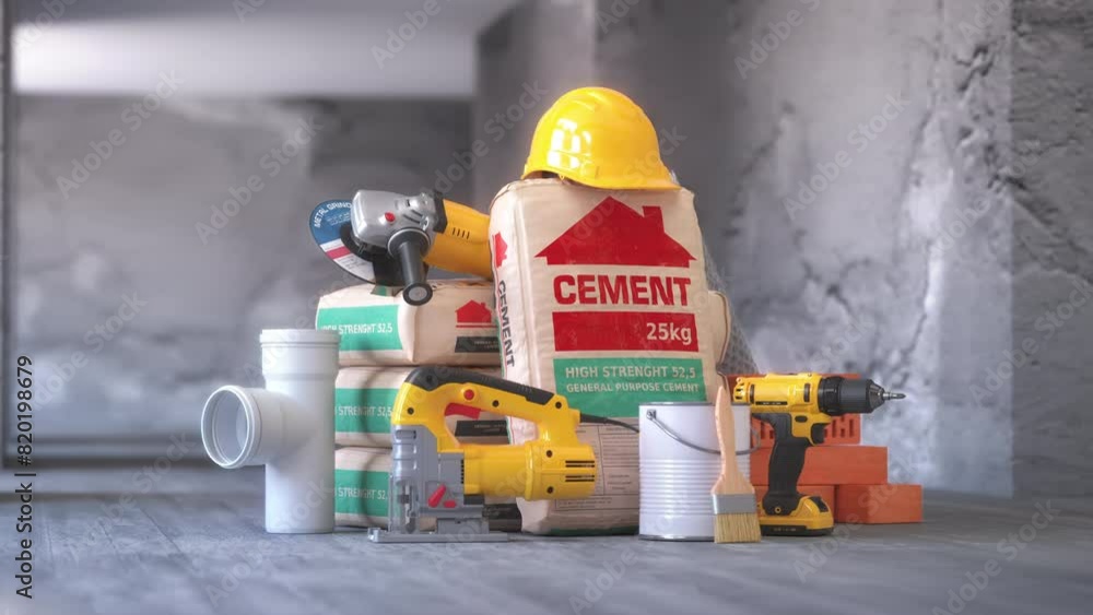Construction materials and tools indoors with walls without finishing for renovation. 3d animation Construction materials and tools indoors with walls without finishing for renovation. 3d animation