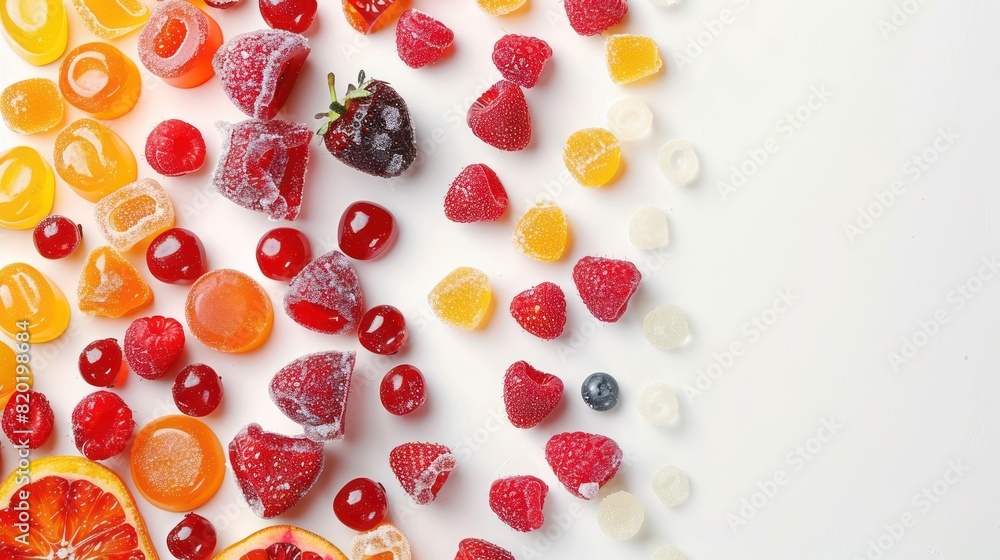 Candy berries and fruits on a white background. View from above Candy berries and fruits on a white background. View from above