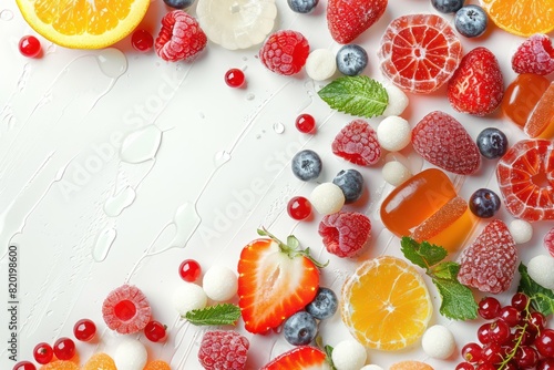 Candy berries and fruits on a white background. View from above