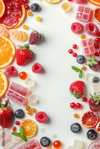 Candy berries and fruits on a white background. View from above