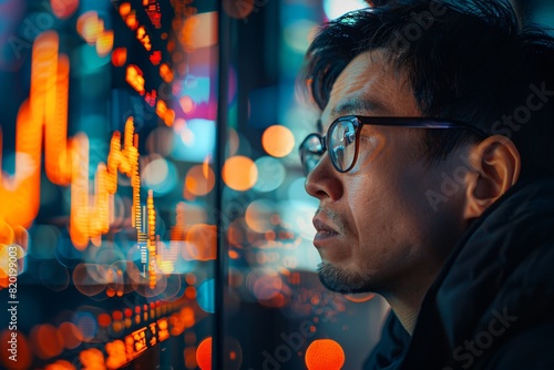 An Asian analyzing stock data
