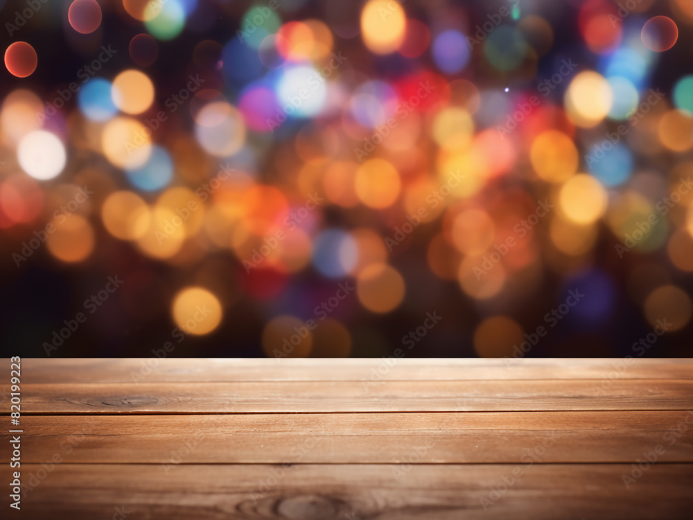 Bright bokeh lights on a wood table set a festive holiday scene Bright bokeh lights on a wood table set a festive holiday scene