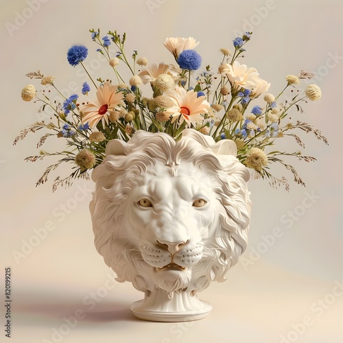 A vase shaped like a lion's head, holding a bouquet of zephyr flowers. Generative AI photo