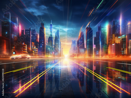 Vibrant city lights create an ethereal halo-like backdrop