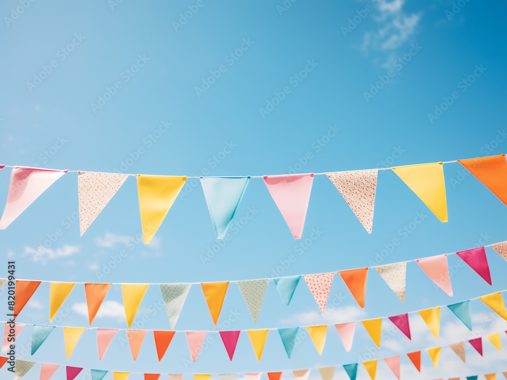 Obraz premium Festive holiday decorations feature colorful party flags against blue skies