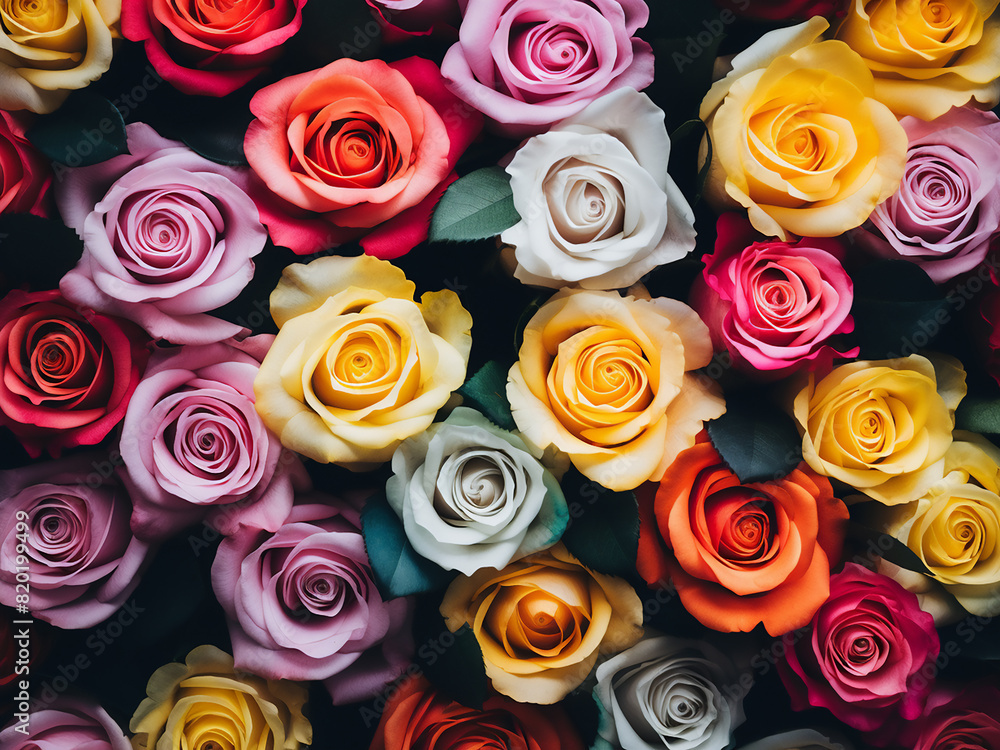 Ample copy space accompanies a top view of colorful roses Ample copy space accompanies a top view of colorful roses