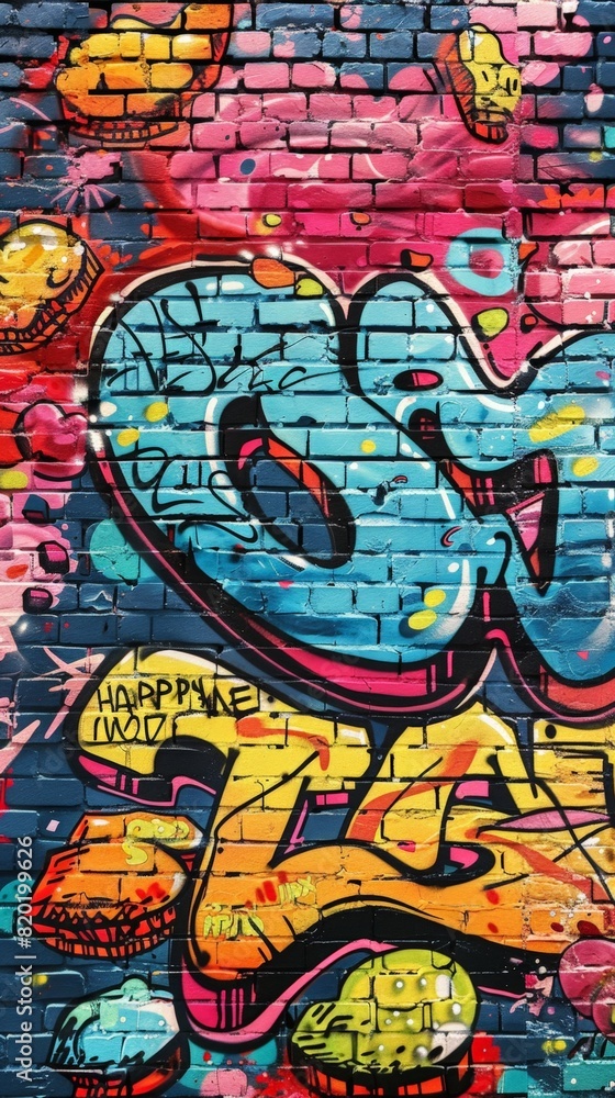 An urban graffiti showcasing vibrant street art with abstract letters, shapes and vivid colors on a brick wall.