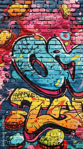 An urban graffiti showcasing vibrant street art with abstract letters  shapes and vivid colors on a brick wall.