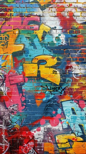 Vibrant  abstract graffiti art adorns a brick wall  showcasing a mix of shapes and lettering in a colorful palette.